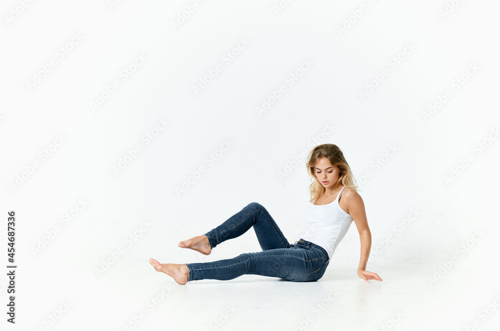 woman in fashionable clothes posing studio posing isolated background