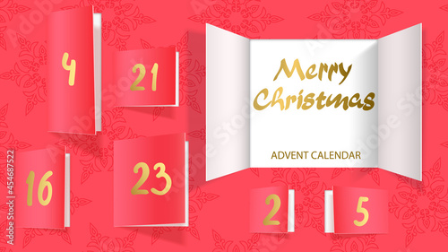 Christmas advent calendar door opening. Realistic an open wide doors on light red background. Template to reveal a message. Merry Christmas poster concept. Festive vector illustration