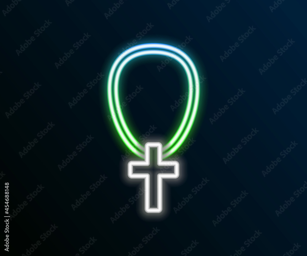 Obraz premium Glowing neon line Christian cross on chain icon isolated on black background. Church cross. Colorful outline concept. Vector