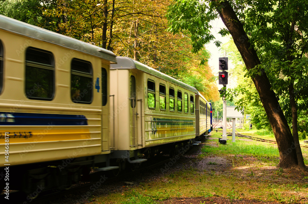 Obraz premium The children's train arrives at the station. Blurred motion. Scenic nature landscape in Syretsky Park. Kyiv Children's Railway after renovation. Blurred view of the coaches