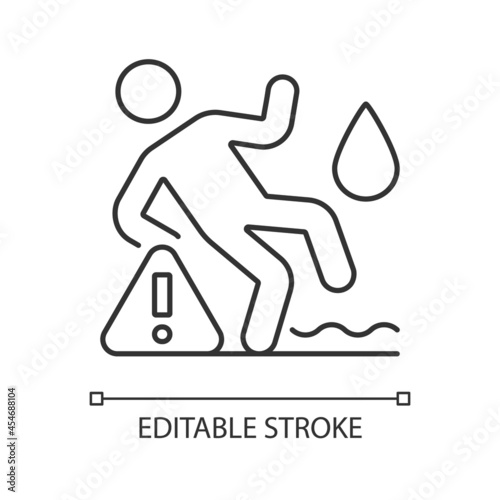 Do not use on wet surface linear manual label icon. Thin line customizable illustration. Contour symbol. Vector isolated outline drawing for product use instructions. Editable stroke