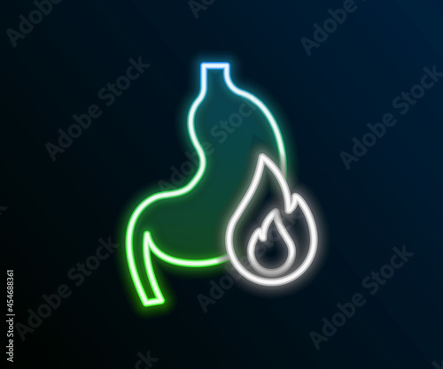Glowing neon line Stomach heartburn icon isolated on black background. Stomach burn. Gastritis and acid reflux, indigestion and stomach pain problems. Colorful outline concept. Vector