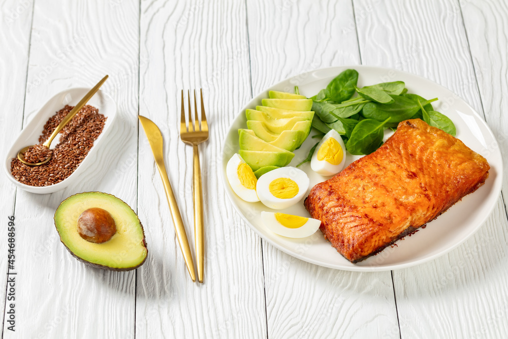 baked salmon fillet with eggs , spinach, avocado baked salmon fillet with eggs , spinach, avocado