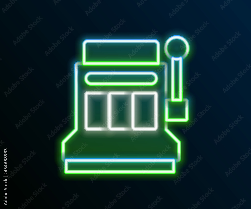 Glowing neon line Slot machine icon isolated on black background. Colorful outline concept. Vector Glowing neon line Slot machine icon isolated on black background. Colorful outline concept. Vector