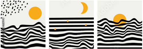Mid century minimalist wavy retro art with abstract landscapes, sea, sun, stars and moon. Black and yellow vintage striped posters, illustrations with lines and shapes for wall art, posters.