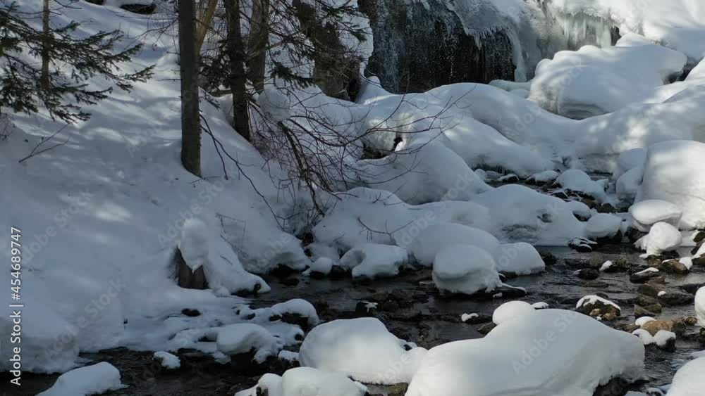 Aerial video from drone of frozen waterfall on river Pescherka in winter season. Jets of water flow from under the long icicles. Russia Aerial video from drone of frozen waterfall on river Pescherka in winter season. Jets of water flow from under the long icicles. Russia