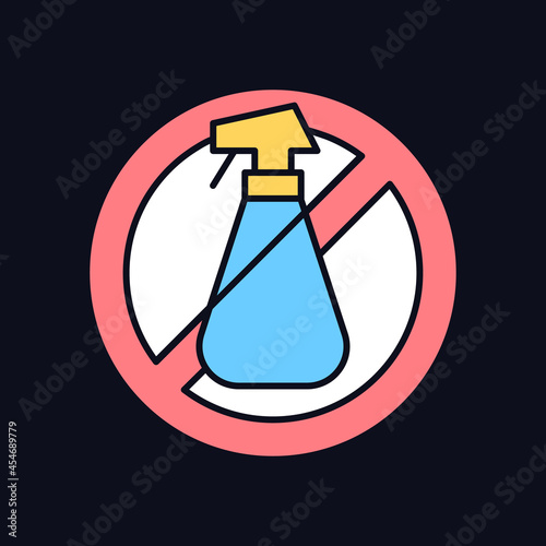 Do not use cleaning agents RGB color manual label icon for dark theme. Isolated vector illustration on night mode background. Simple filled line drawing on black for product use instructions