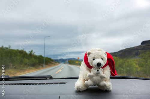 Cute polar bear toy with baby bear, sitting on the front window shield of a car on a family holiday