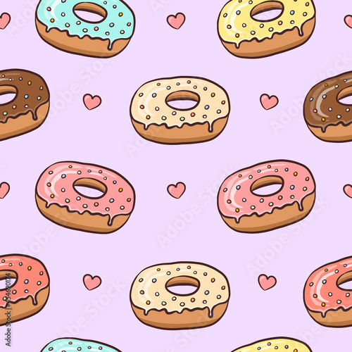 Cute seamless pattern with hand draw glazed donuts with sprinkles. Background for decoration design Vector. 