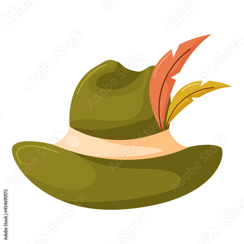 Oktoberfest traditional hat with feathers. Element of costume festival decoration. Cartoon vector illustration isolated on white background