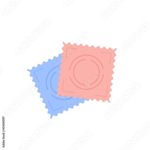 Two male condoms colored flat style icons. Contraception, birth control, HIV and AIDS prevention concept. Contraceptive birth control methods. Vector element isolated on white.
