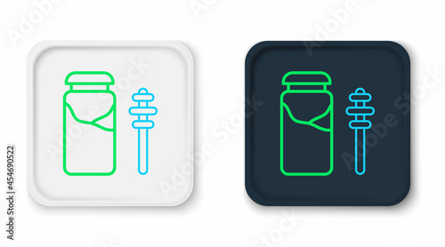 Line Jar of honey and honey dipper stick icon isolated on white background. Food bank. Sweet natural food symbol. Honey ladle. Colorful outline concept. Vector