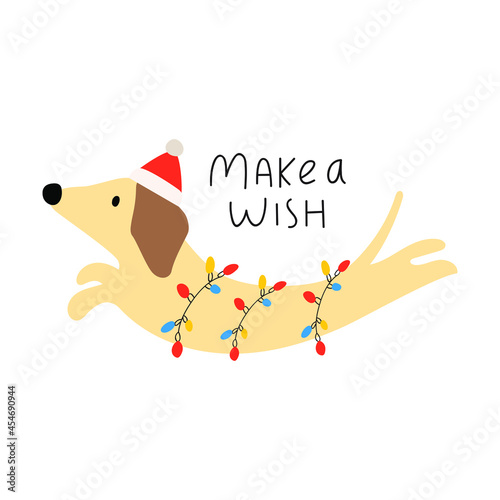 Make a wish. Jumping Dachshund wearing Santa hat and wrapped in garland. Illustration on white background.