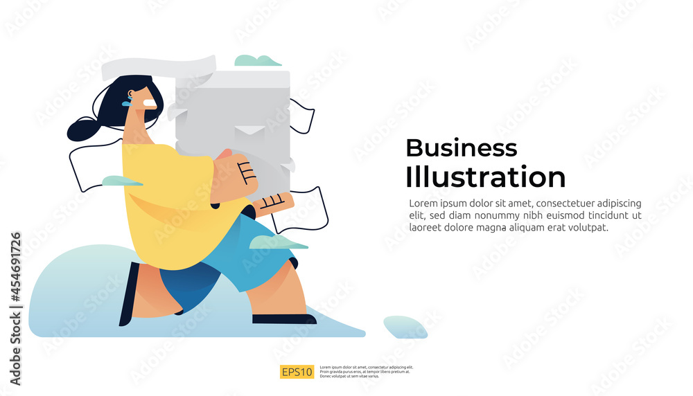 hurry run female character carrying pile stacks of documents. vector illustration concept for bureaucracy, file management, data organization storage, digital archive, time management deadline hurry run female character carrying pile stacks of documents. vector illustration concept for bureaucracy, file management, data organization storage, digital archive, time management deadline