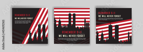 Social media post template to commemorate the September 11 attacks. Patriot day USA Never forget 9/11 poster.