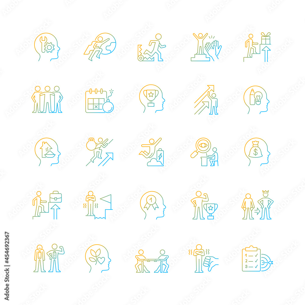 Motivation gradient linear vector icons set. Goal accomplishment. Intrinsic and extrinsic motivation. Force to achieve aim. Thin line contour symbols bundle. Isolated outline illustrations collection