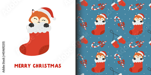 Winter seamless pattern and cartoon card with fox, caramel and mittens. Perfect for wrapping paper, greeting cards and seasonal design. Vector illustration. Merry Christmas and Happy New Year