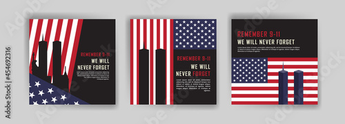 Social media post template to commemorate the September 11 attacks. Patriot day USA Never forget 9/11 poster.