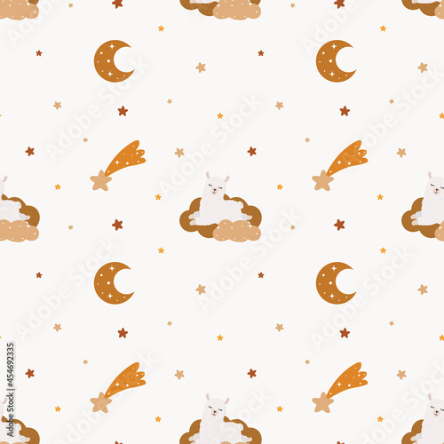 Seamless childish pattern with cute llama (alpaca), moon, stars. Baby texture for fabric, wrapping, textile, wallpaper, clothing. Vector illustration