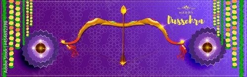 Vector illustration of Happy Dussehra greeting, Indian festival,  bow and arrow , oil lamp, beautiful geometrical  background.