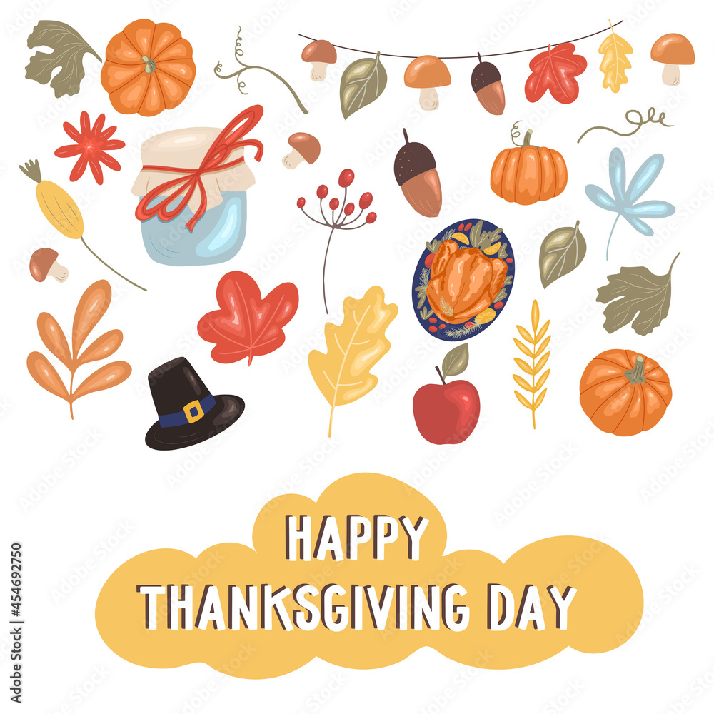 Happy Thanksgiving day lettering with floral design elements. Autumn set with lettering,. Vector illustration in hand drawn style