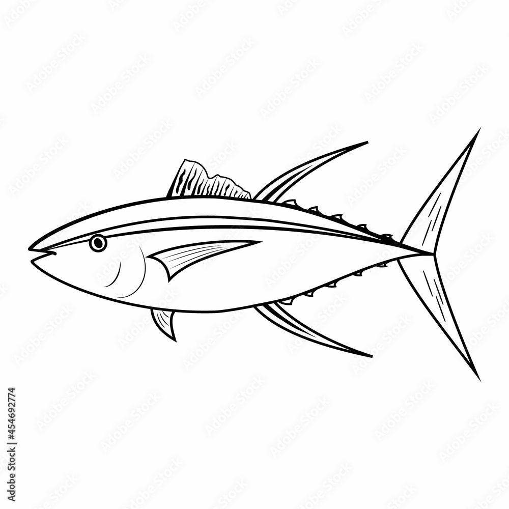 Tuna fish, black contour line, vector illustration