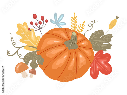 Vector illustration of pumpkin, autumn leaves, berries and mushrooms. Thanksgiving day.