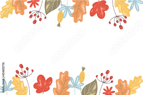 Autumn background with leaves and berries on a white background. Autumn frame made of leaves. Vector illustration in hand drawn style.
