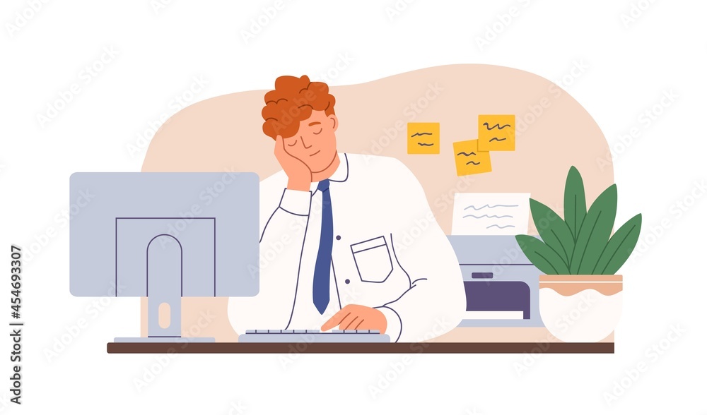 Tired sleepy office worker sleeping at work. Drowsy man falling asleep at workplace. Exhausted employee dozing and dreaming at computer. Flat vector illustration isolated on white background Tired sleepy office worker sleeping at work. Drowsy man falling asleep at workplace. Exhausted employee dozing and dreaming at computer. Flat vector illustration isolated on white background