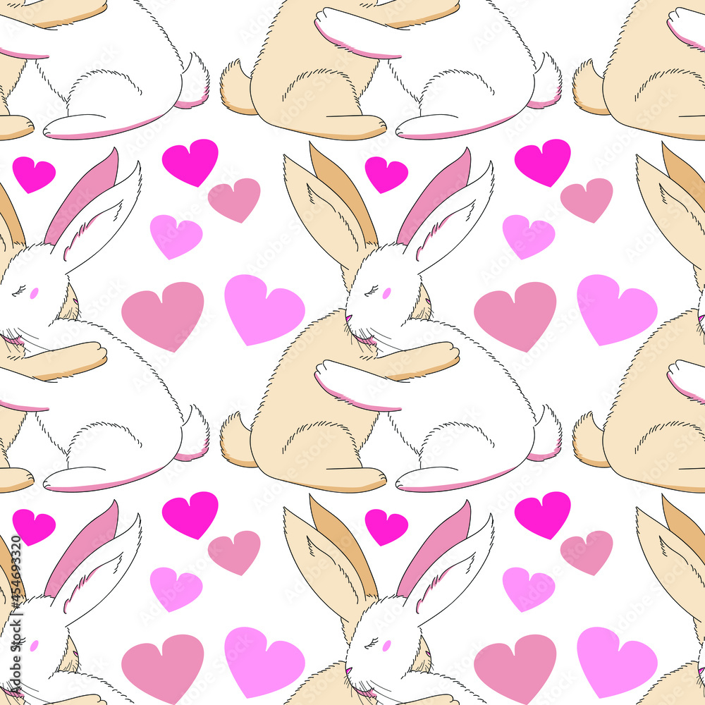 Vector rabbits hug each other with their paws. Bunnies with raised ears. For print. Vector rabbits hug each other with their paws. Bunnies with raised ears. For print.