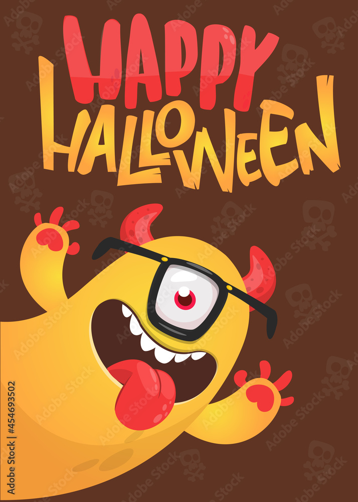 Сartoon monster character. Illustration of happy alien creature for Halloween party. Package, poster or greeting invitation design