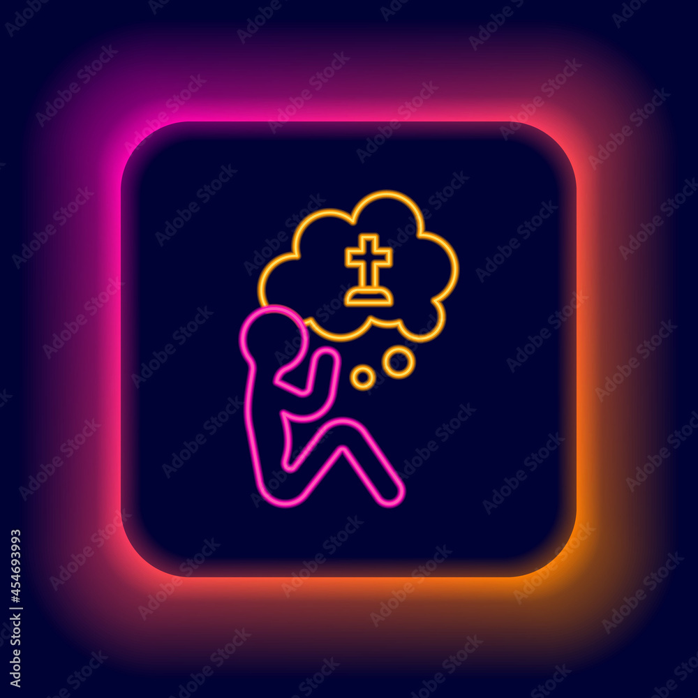 Glowing neon line Man graves funeral sorrow icon isolated on black background. The emotion of grief, sadness, sorrow, death. Colorful outline concept. Vector Glowing neon line Man graves funeral sorrow icon isolated on black background. The emotion of grief, sadness, sorrow, death. Colorful outline concept. Vector