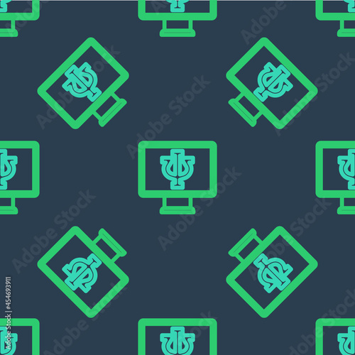 Line Online psychological counseling distance icon isolated seamless pattern on blue background. Psychotherapy, psychological help, psychiatrist online consulting. Vector