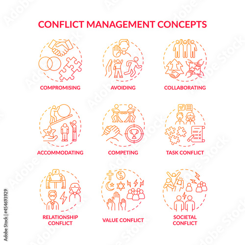 Conflict management red gradient concept icons set. Solving relationship issues. Work relations. Resolving team arguments idea thin line color illustrations. Vector isolated outline drawings © bsd studio