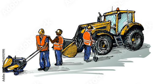 Road works - workers with shovels and frog rammer in front of the loader