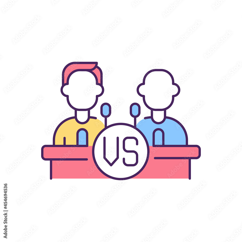 Leadership conflict RGB color icon. Political leaders debating on tribune. Public speakers competing. Discussion on conference. Isolated vector illustration. Simple filled line drawing