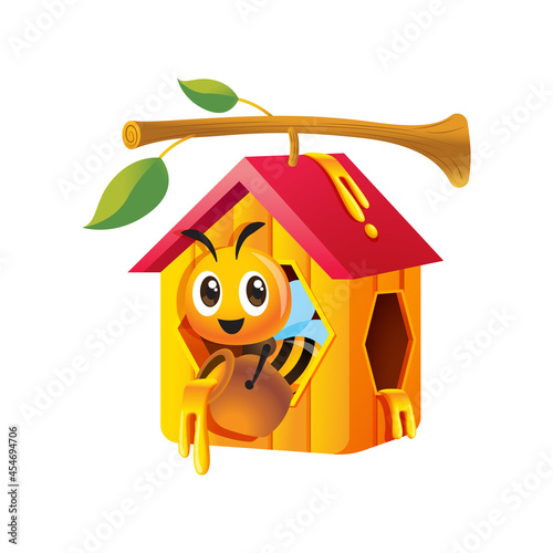 Cartoon cute bee holding honey pot and stay in honeycomb house which hang on tree twig. Honey dripping out from pot and honeycomb window