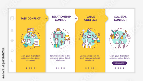 Different conflicts onboarding vector template. Responsive mobile website with icons. Web page walkthrough 4 step screens. Communication issues color concept with linear illustrations