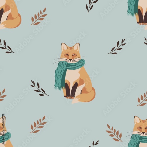 Vector seamless pattern fox in a scarf in autumn leaves