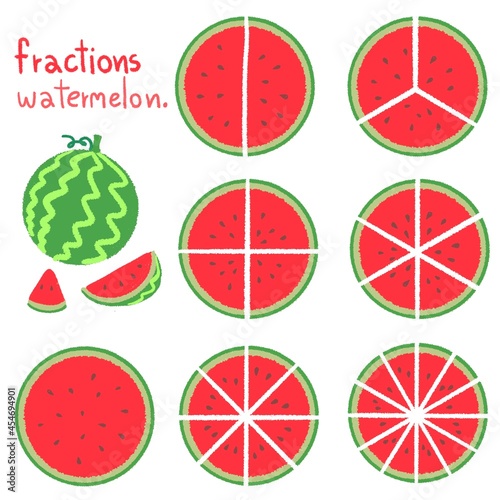 set of watermelon shaped fractions Hand Drawn colorful