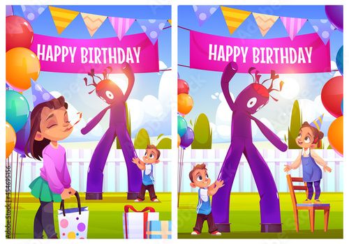 Happy birthday celebration cartoon posters or greeting cards. Girl celebrate party with friends on house backyard with waky air man and festive decoration children outdoors fun, vector illustration