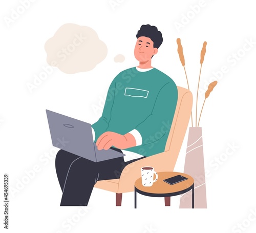 Happy inspired person dreaming and creating ideas while typing smth on laptop. Creative dreamy man thinking and imagining in thought bubble. Flat vector illustration isolated on white background