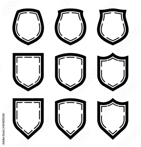 Protect guard shield plain line concept. Outline shield badge. Safety icon set. Privacy banner kit. Security label. Flat style protect sticker symbol shape. Safeguard simple sign linear pictogram
