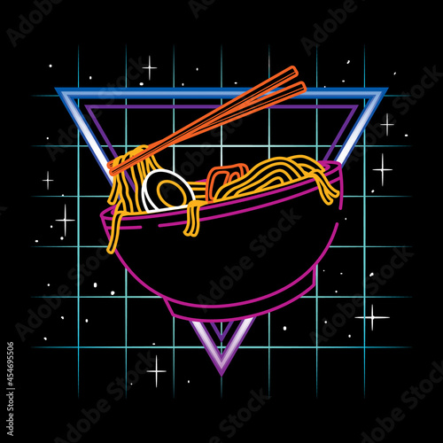 Vector Illustration of ramen udon noodle with vintage retrowave neon style in black background. Good for logo, background, t shirt