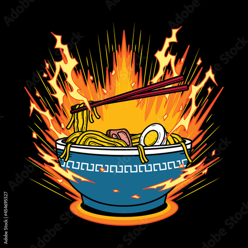 Vector Illustration of ramen udon noodle with vintage retro cartoon style in black background. Good for logo, background, t shirt