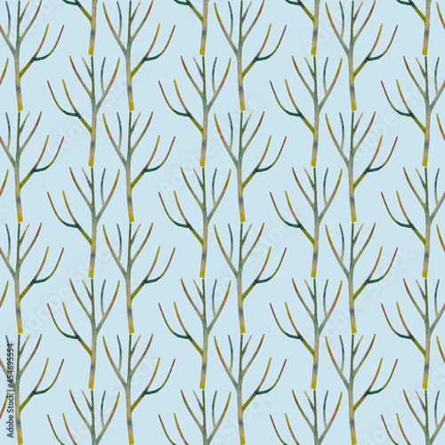 Fototapeta Naklejka Na Ścianę i Meble -  Seamless pattern of colored dry wooden twigs. Minimalistic design. Scandinavian endless ornament. Hand-drawn watercolor illustration of branches on a blue background. For wallpaper, textile, wrapping