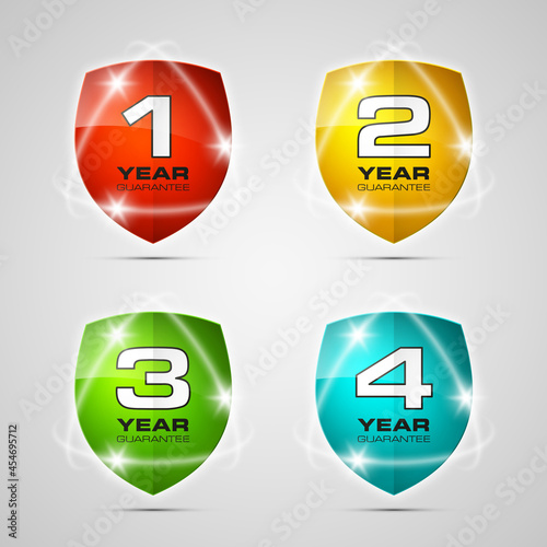 Shield with guarantee one, two, three, four year icon. Warranty 1 2 3 4 year Label obligations. Safeguard shield sign. Protect promise reliability badge. Security guaranteed illustration