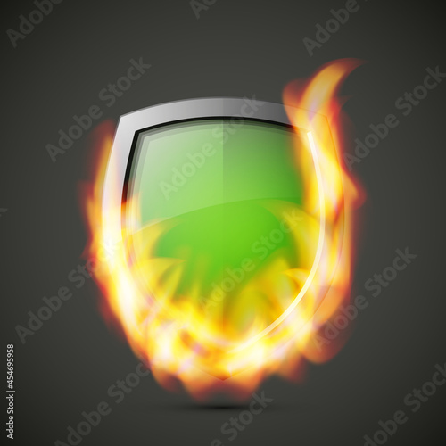 Protected guard shield concept in flame. Safety badge smoke fire icon. Privacy banner shield. Security label. Defense tag flame. Presentation sticker flame shape. defense safeguard shield smoke
