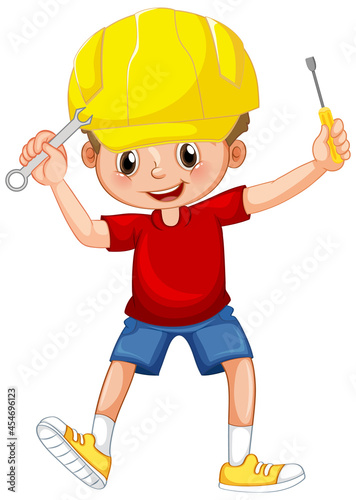 A boy holding hand tools on white background