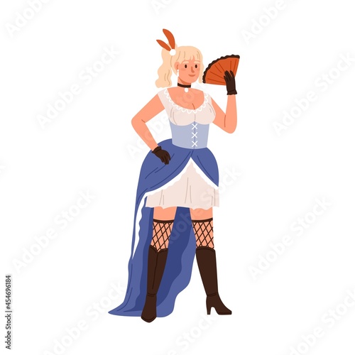 Prostitute of Wild West. Western whore woman portrait, standing in short dress, stockings and boots with fan. American sex worker from brothel. Flat vector illustration isolated on white background